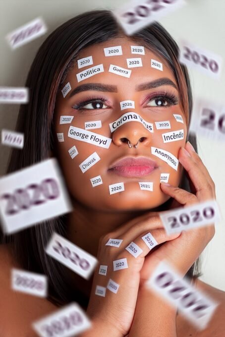 A conceptual portrait of a woman with significant 2020 event stickers on her face.